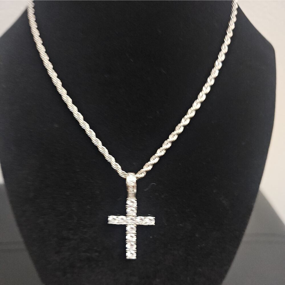 24inch 1.8mm Stainless Steel Rope Chain Necklace with a Cross Pendant w/ 11 CZs
